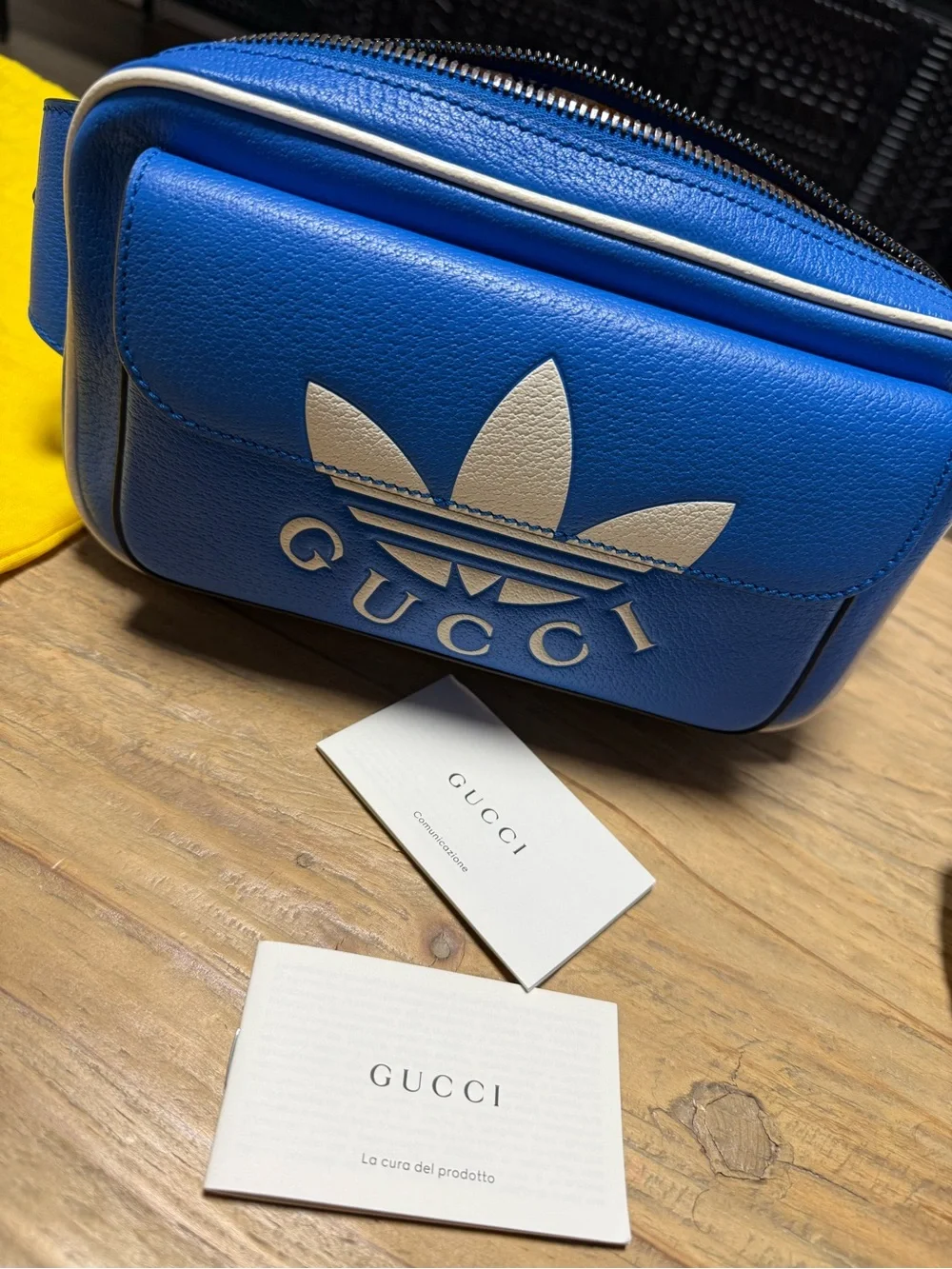 Gucci x Adidas collab Blue Leather Belt Bag with White Logo Trim